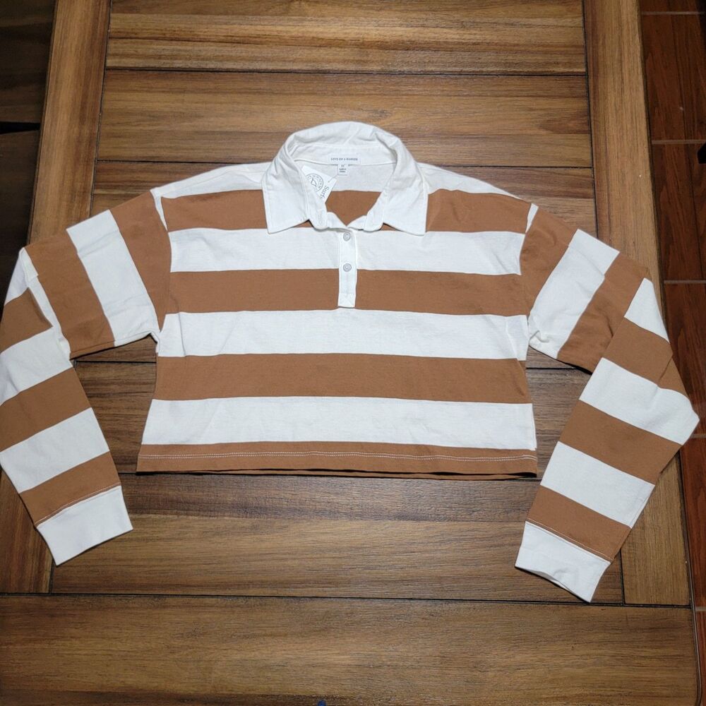 Surfside Loco LS Crop Polo Brown & White Stripes "Shadillac Bait Co" - Medium